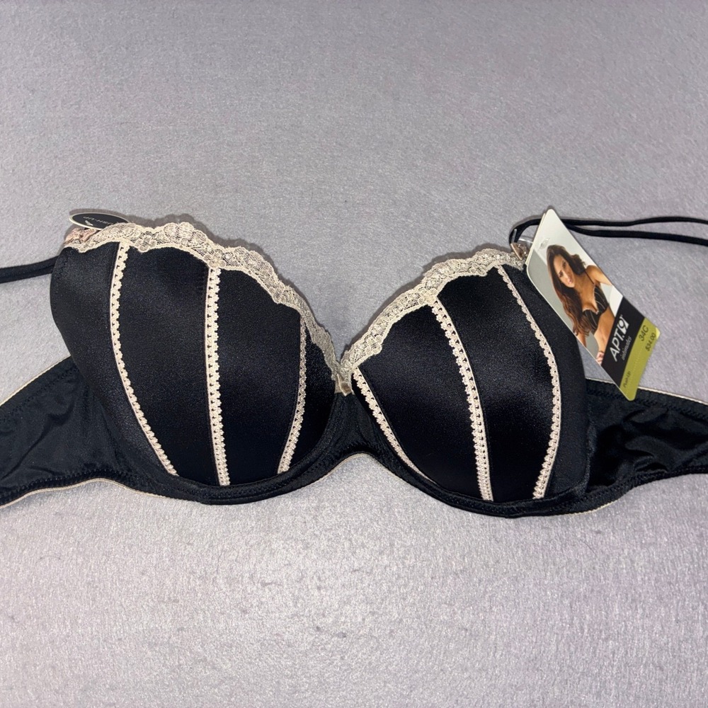 288 Push-Up Bra Women 34C Black Cream Lace Trim Pinstripe Underwire NWT